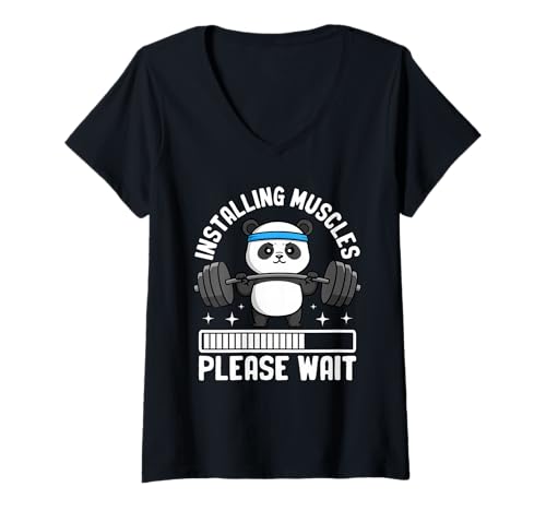 Damen Installing Muscles Please Wait Panda Gym T-Shirt mit V-Ausschnitt von Funny Panda Fitness Workout Enthusiast