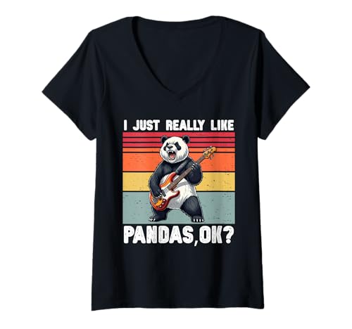 Damen Ich mag Pandas einfach wirklich, Ok, lustige Retro-Grafik T-Shirt mit V-Ausschnitt Damen Ich mag Pandas einfach wirklich, Ok, lustige Retro-Grafik T-Shirt mit V-Ausschnitt von Funny Panda Guitar Lover Graphic