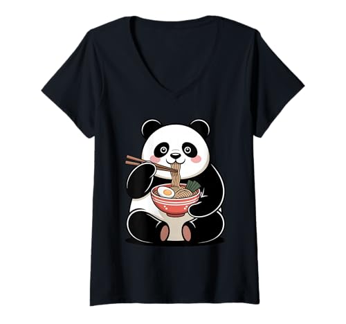Damen Niedlicher Panda, der Ramen isst, japanische Kawaii-Tiernudeln T-Shirt mit V-Ausschnitt von Funny Panda Ramen Lover Apparel