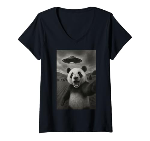 Damen Panda Selfie mit Alien UFO lustig für Jungen Männer Frauen Kinder T-Shirt mit V-Ausschnitt von Funny Panda Selfie Graphic Tees Apparel
