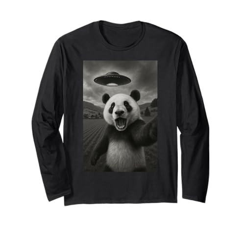 Panda Selfie mit Alien UFO lustig für Jungen Männer Frauen Kinder Langarmshirt von Funny Panda Selfie Graphic Tees Apparel