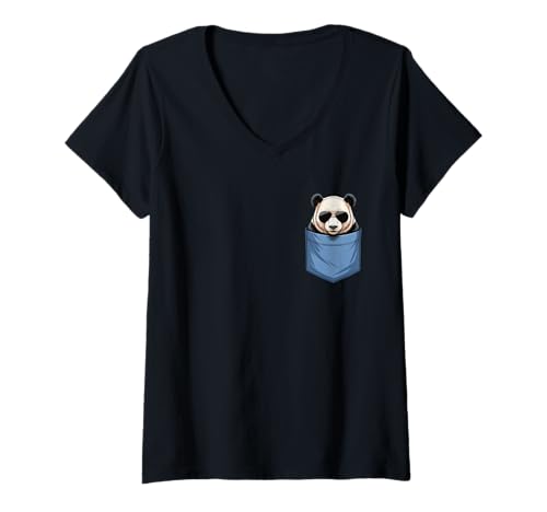 Damen Niedliche Panda-Liebhaber im Taschenformat T-Shirt mit V-Ausschnitt von Funny Panda in Pocket for Panda Bear Lover