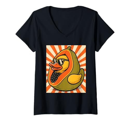 Damen Papaya-Entenfrucht T-Shirt mit V-Ausschnitt Damen Papaya-Entenfrucht T-Shirt mit V-Ausschnitt von Funny Papaya Duckling for Kids