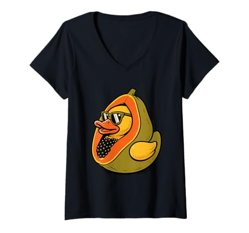Damen Papaya-Entenfrucht T-Shirt mit V-Ausschnitt Damen Papaya-Entenfrucht T-Shirt mit V-Ausschnitt von Funny Papaya Duckling for Kids
