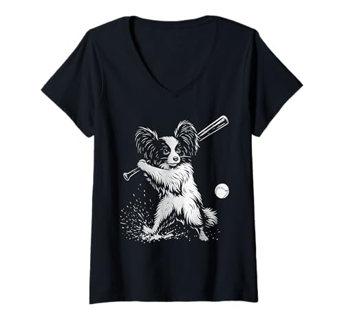 Damen Papillon Dog Baseball Sports Hundeliebhaber T-Shirt mit V-Ausschnitt von Funny Papillon Baseball Player Dog Designs