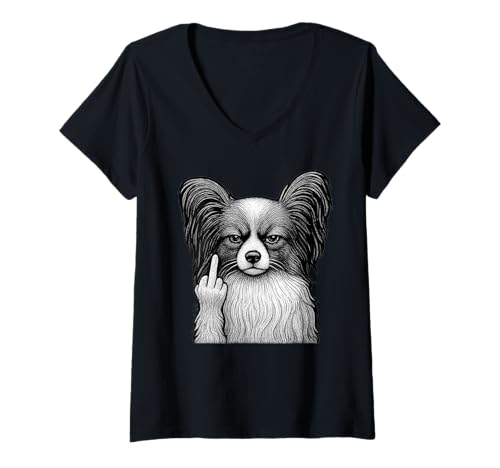 Damen Papillon Dog Mittelfinger sarkastischer Hundeliebhaber T-Shirt mit V-Ausschnitt Damen Papillon Dog Mittelfinger sarkastischer Hundeliebhaber T-Shirt mit V-Ausschnitt von Funny Papillon Flipping Off Dog Designs