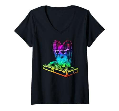 Damen Papillon Dog DJ Musik Party Hundeliebhaber T-Shirt mit V-Ausschnitt Damen Papillon Dog DJ Musik Party Hundeliebhaber T-Shirt mit V-Ausschnitt von Funny Papillon House Music Dog Designs