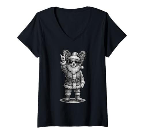 Damen Papillon Dog Rock Music Weihnachts-Hundeliebhaber T-Shirt mit V-Ausschnitt Damen Papillon Dog Rock Music Weihnachts-Hundeliebhaber T-Shirt mit V-Ausschnitt von Funny Papillon Rock And Roll Dog Designs