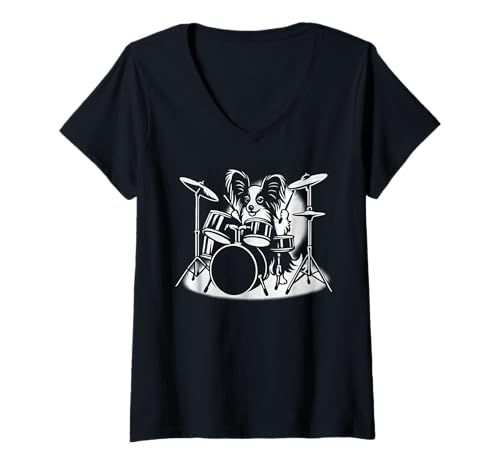 Damen Papillon Dog spielt Schlagzeug Schlagzeuger Hundeliebhaber T-Shirt mit V-Ausschnitt Damen Papillon Dog spielt Schlagzeug Schlagzeuger Hundeliebhaber T-Shirt mit V-Ausschnitt von Funny Papillon Rock And Roll Dog Designs