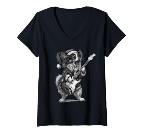 Damen Papillon Dog spielt Gitarre Christmas Dog Lover T-Shirt mit V-Ausschnitt Damen Papillon Dog spielt Gitarre Christmas Dog Lover T-Shirt mit V-Ausschnitt von Funny Papillon Rock Music Dog Designs