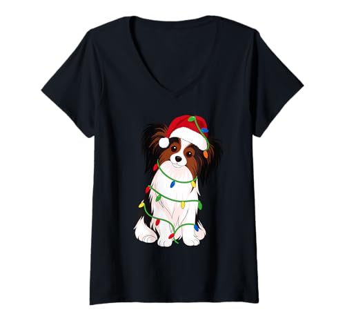Damen Papillon Hund Weihnachtsbaum Lichter Urlaub Hundeliebhaber T-Shirt mit V-Ausschnitt Damen Papillon Hund Weihnachtsbaum Lichter Urlaub Hundeliebhaber T-Shirt mit V-Ausschnitt von Funny Papillon Xmas Tree Dog Designs