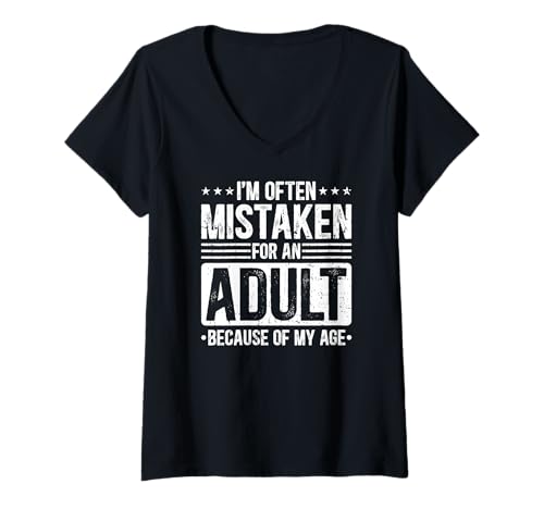 Damen Ich Bin wegen meines Alters oft mit einem Erwachsenen verwechselt T-Shirt mit V-Ausschnitt Damen Ich Bin wegen meines Alters oft mit einem Erwachsenen verwechselt T-Shirt mit V-Ausschnitt von Funny Parenting Mom Dad Life Adulting Humor Gifts