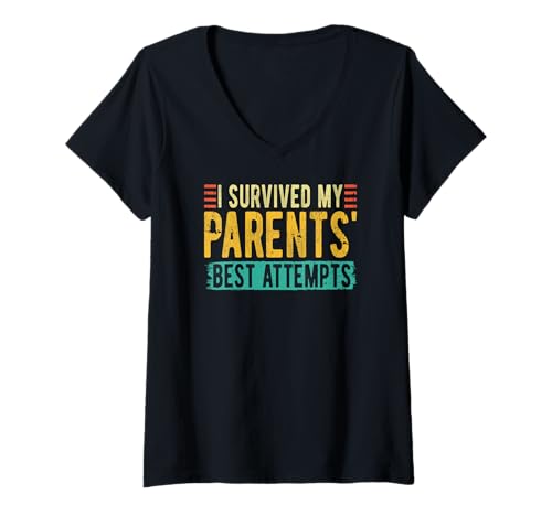 Damen Ich Habe die besten Versuche meiner Eltern überlebt, Retro T-Shirt mit V-Ausschnitt Damen Ich Habe die besten Versuche meiner Eltern überlebt, Retro T-Shirt mit V-Ausschnitt von Funny Parenting Mom Dad Life Adulting Humor Gifts