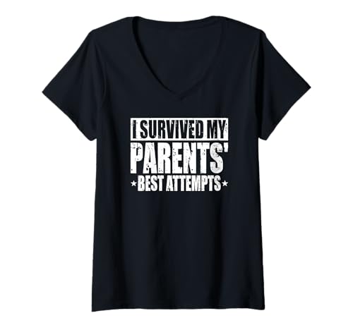 Damen Ich Habe die besten Versuche meiner Eltern überlebt T-Shirt mit V-Ausschnitt Damen Ich Habe die besten Versuche meiner Eltern überlebt T-Shirt mit V-Ausschnitt von Funny Parenting Mom Dad Life Adulting Humor Gifts