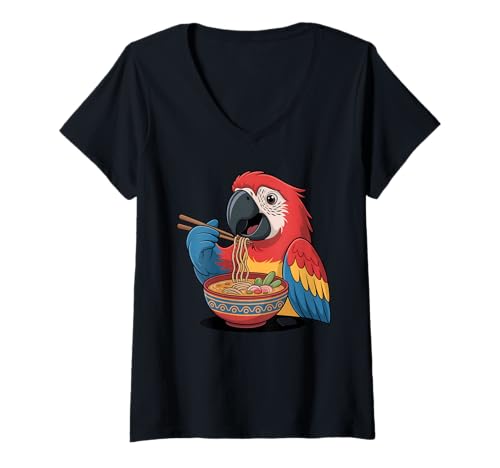 Damen Süße Papagei isst Ramen Japanische Kawaii Vogelnudeln T-Shirt mit V-Ausschnitt Damen Süße Papagei isst Ramen Japanische Kawaii Vogelnudeln T-Shirt mit V-Ausschnitt von Funny Parrot Ramen Lover Apparel