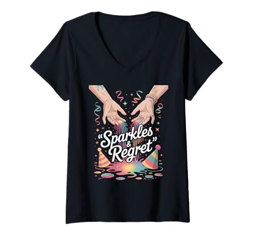 Damen Sparkles and Regret — Lustiges Nachspiel zur Neujahrsparty T-Shirt mit V-Ausschnitt von Funny Party Quote Apparel Gifts by Anastasia