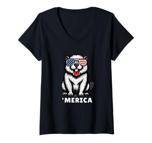 Damen Bieber 4th of July 'Merica Patriotic American Beaver Lover T-Shirt mit V-Ausschnitt Damen Bieber 4th of July 'Merica Patriotic American Beaver Lover T-Shirt mit V-Ausschnitt von Funny Patriotic Beaver 4th of July US Falg Style