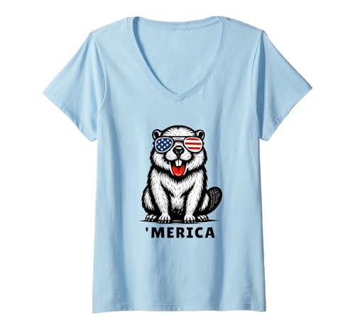 Damen Bieber 4th of July 'Merica Patriotic American Beaver Lover T-Shirt mit V-Ausschnitt Damen Bieber 4th of July 'Merica Patriotic American Beaver Lover T-Shirt mit V-Ausschnitt von Funny Patriotic Beaver 4th of July US Falg Style