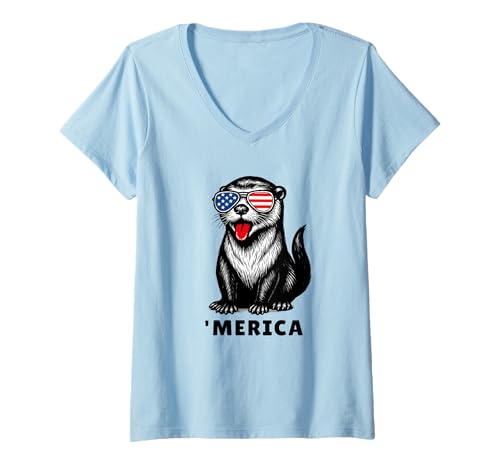 Damen Otter 4th of July 'Merica USA Patriotic American Otter Lover T-Shirt mit V-Ausschnitt von Funny Patriotic Otter 4th of July US Flag Style