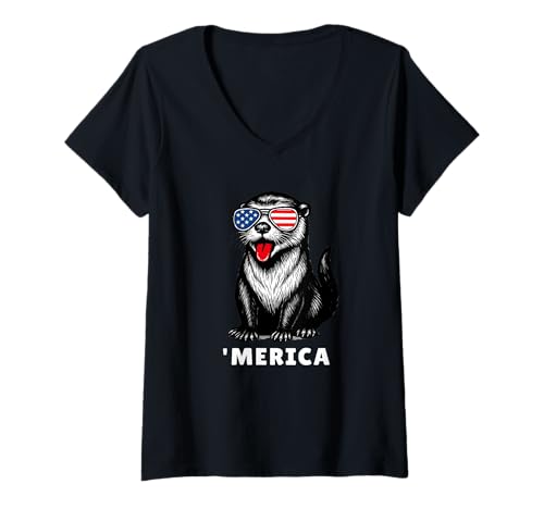 Damen Otter 4th of July 'Merica USA Patriotic American Otter Lover T-Shirt mit V-Ausschnitt von Funny Patriotic Otter 4th of July US Flag Style