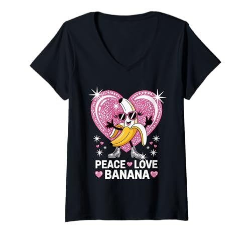 Damen Peace Love Banana Lustige gelbe Bananen Fruit Summer Lover T-Shirt mit V-Ausschnitt Damen Peace Love Banana Lustige gelbe Bananen Fruit Summer Lover T-Shirt mit V-Ausschnitt von Funny Peace Love Banana Fresh Banana Fruit Lovers