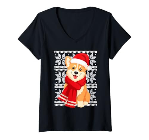 Damen Hundeliebhaber von Corgi Ugly Christmas Holiday T-Shirt mit V-Ausschnitt Damen Hundeliebhaber von Corgi Ugly Christmas Holiday T-Shirt mit V-Ausschnitt von Funny Pembroke Welsh Corgi Festive Dog Designs