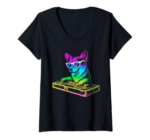 Damen Corgi DJ Music Party Hundeliebhaber T-Shirt mit V-Ausschnitt Damen Corgi DJ Music Party Hundeliebhaber T-Shirt mit V-Ausschnitt von Funny Pembroke Welsh Corgi House Music Dog Designs