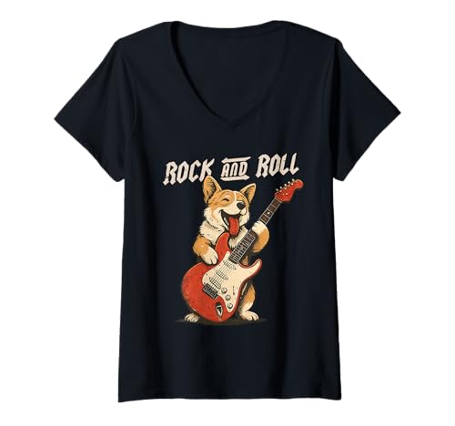 Damen Corgi Spielgitarre Rock and Roll Dog Lover T-Shirt mit V-Ausschnitt Damen Corgi Spielgitarre Rock and Roll Dog Lover T-Shirt mit V-Ausschnitt von Funny Pembroke Welsh Corgi Rock Music Dog Designs