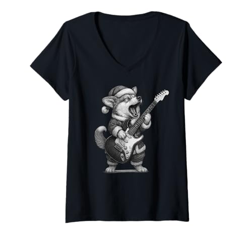 Damen Corgi Spielgitarre Weihnachten Hundeliebhaber T-Shirt mit V-Ausschnitt Damen Corgi Spielgitarre Weihnachten Hundeliebhaber T-Shirt mit V-Ausschnitt von Funny Pembroke Welsh Corgi Rock Music Dog Designs