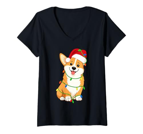 Damen Corgi Weihnachtsbaum-Lichter für Hundeliebhaber T-Shirt mit V-Ausschnitt von Funny Pembroke Welsh Corgi Xmas Tree Dog Designs
