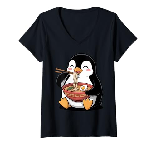 Damen Niedlicher Pinguin, der Ramen isst, japanische Kawaii-Tiernudeln T-Shirt mit V-Ausschnitt Damen Niedlicher Pinguin, der Ramen isst, japanische Kawaii-Tiernudeln T-Shirt mit V-Ausschnitt von Funny Penguin Ramen Lover Apparel