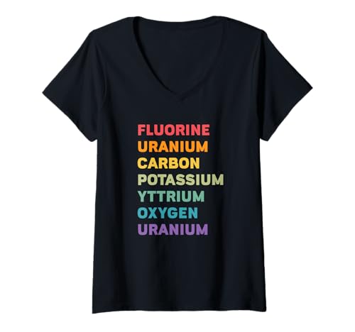 Damen Fluor Uran Kohlenstoff Kalium Yttrium Sauerstoff Uran T-Shirt mit V-Ausschnitt Damen Fluor Uran Kohlenstoff Kalium Yttrium Sauerstoff Uran T-Shirt mit V-Ausschnitt von Funny Periodic Table Hidden Message
