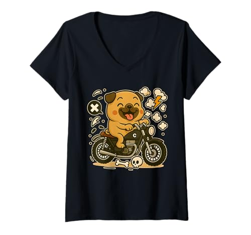 Damen Kawaii Mops Reitrad Niedlicher Welpe Biker Motorrad Hundeliebhaber T-Shirt mit V-Ausschnitt von Funny Pet Owner Pug Biker Dog Mom & Dad Men Women