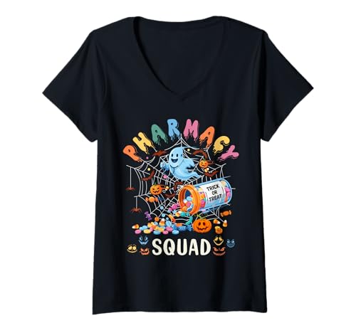 Damen Pharmacy Squad Boo Ghost Pumpkin Fun Pharmacy Tech Halloween T-Shirt mit V-Ausschnitt Damen Pharmacy Squad Boo Ghost Pumpkin Fun Pharmacy Tech Halloween T-Shirt mit V-Ausschnitt von Funny Pharm Tech CPhT Student Pharmacist Assistant