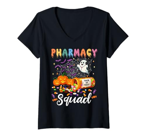 Damen Pharmacy Squad Boo Ghost Pumpkin Pharmacist Tech Halloween T-Shirt mit V-Ausschnitt Damen Pharmacy Squad Boo Ghost Pumpkin Pharmacist Tech Halloween T-Shirt mit V-Ausschnitt von Funny Pharm Tech CPhT Student Pharmacist Assistant
