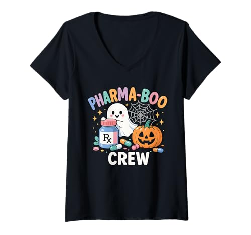Damen Pharmacy Tech Boo Crew Ghost Pumpkin Halloween Pharmacist T-Shirt mit V-Ausschnitt Damen Pharmacy Tech Boo Crew Ghost Pumpkin Halloween Pharmacist T-Shirt mit V-Ausschnitt von Funny Pharm Tech CPhT Student Pharmacist Assistant