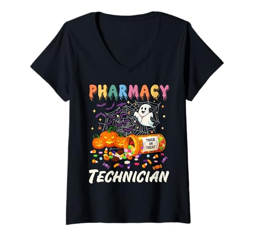 Damen Pharmacy Technician Ghost Pumpkin Pharm Tech Funny Halloween T-Shirt mit V-Ausschnitt Damen Pharmacy Technician Ghost Pumpkin Pharm Tech Funny Halloween T-Shirt mit V-Ausschnitt von Funny Pharm Tech CPhT Student Pharmacist Assistant