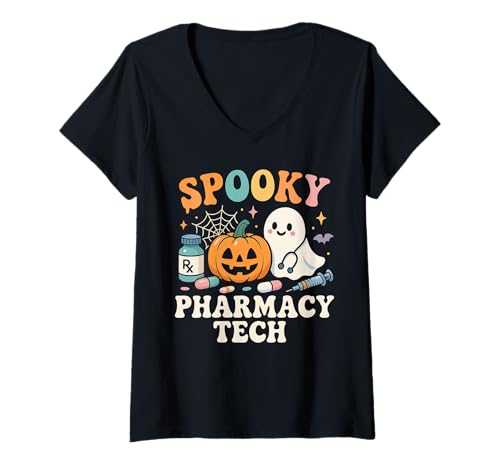 Damen Retro Pharmacist Technician Halloween Spooky Pharmacy Tech T-Shirt mit V-Ausschnitt Damen Retro Pharmacist Technician Halloween Spooky Pharmacy Tech T-Shirt mit V-Ausschnitt von Funny Pharm Tech CPhT Student Pharmacist Assistant