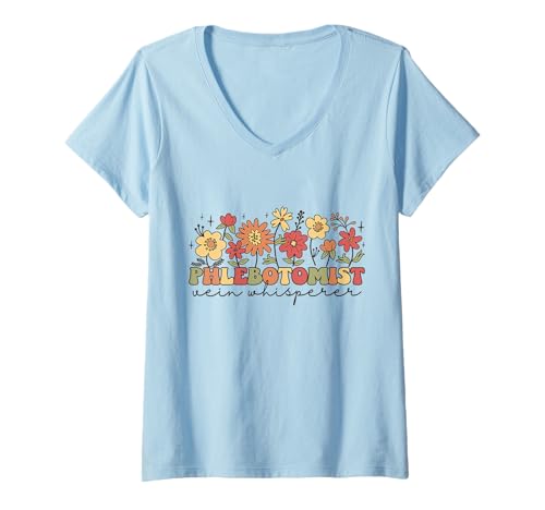 Damen Groovy Retro Floral Phlebotomist Venenflüsterer Phlebotomie T-Shirt mit V-Ausschnitt von Funny Phlebotomy Nurse Technician Gift