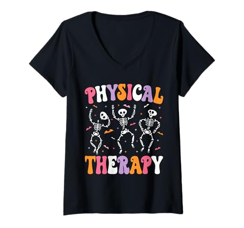 Damen Physiotherapie Halloween Physiotherapeut Halloween PT T-Shirt mit V-Ausschnitt von Funny Physical Therapy Halloween Skeleton Costume