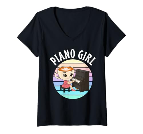 Damen Piano Girl Süße italienische Brainrot Meme Cappuccino-Ballerina T-Shirt mit V-Ausschnitt Damen Piano Girl Süße italienische Brainrot Meme Cappuccino-Ballerina T-Shirt mit V-Ausschnitt von Funny Pianist Keyboard Musician Kids Music Lovers