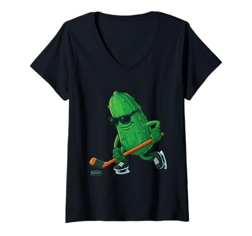 Damen Gurke spielt Eishockey T-Shirt mit V-Ausschnitt Damen Gurke spielt Eishockey T-Shirt mit V-Ausschnitt von Funny Pickle Dill Cucumber Design