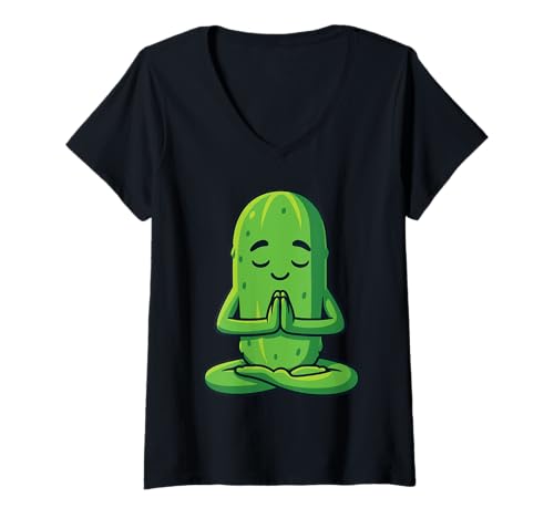 Damen Gurken-Yoga-Meditation T-Shirt mit V-Ausschnitt Damen Gurken-Yoga-Meditation T-Shirt mit V-Ausschnitt von Funny Pickle Dill Cucumber Design