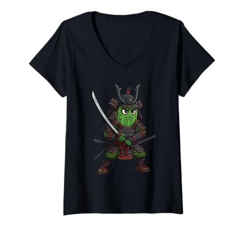 Damen Pickle Japanischer Krieger Samurai T-Shirt mit V-Ausschnitt Damen Pickle Japanischer Krieger Samurai T-Shirt mit V-Ausschnitt von Funny Pickle Dill Cucumber Design