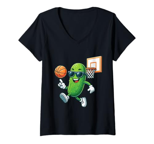 Damen Pickle spielt Basketball T-Shirt mit V-Ausschnitt Damen Pickle spielt Basketball T-Shirt mit V-Ausschnitt von Funny Pickle Dill Cucumber Design