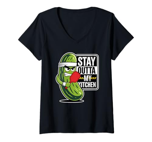 Damen „Stay Outta My Kitchen“ -Pickleball, lustiger, Wilder Gurkenspieler T-Shirt mit V-Ausschnitt Damen „Stay Outta My Kitchen“ -Pickleball, lustiger, Wilder Gurkenspieler T-Shirt mit V-Ausschnitt von Funny Pickleball Art Designs Apparel Co.