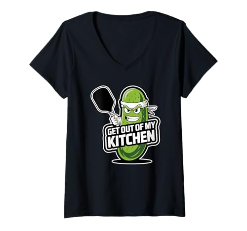 Damen Get Out of My Kitchen Lustiger Humor Pickleball Pickle Maskottchen T-Shirt mit V-Ausschnitt Damen Get Out of My Kitchen Lustiger Humor Pickleball Pickle Maskottchen T-Shirt mit V-Ausschnitt von Funny Pickleball Art Designs Apparel Co.