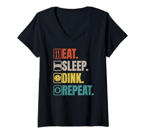 Damen Eat Sleep Dink Wiederholter Pickleball im Retro-Look, witzig T-Shirt mit V-Ausschnitt Damen Eat Sleep Dink Wiederholter Pickleball im Retro-Look, witzig T-Shirt mit V-Ausschnitt von Funny Pickleball Designs for Passionate Players