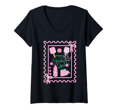 Damen Preppy Pickleball Vibes Paddel Bows Doodles, rosa, Pastellfarben T-Shirt mit V-Ausschnitt von Funny Pickleball Shirts by Southerngal