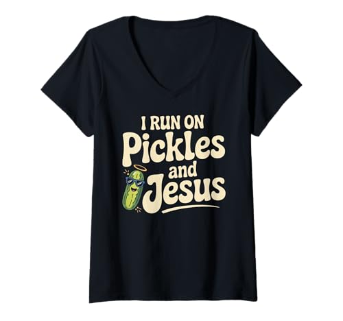 Damen Ich laufe auf Essiggurken und Jesus Religious T-Shirt mit V-Ausschnitt Damen Ich laufe auf Essiggurken und Jesus Religious T-Shirt mit V-Ausschnitt von Funny Pickles and Jesus Religious Salty and Saved